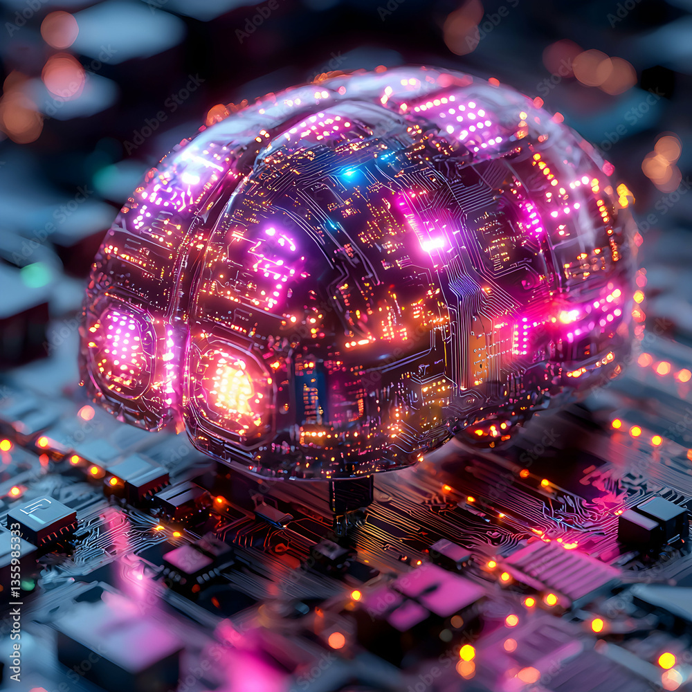 Poster a glowing brain made of circuit boards and wires. this futuristic image could be used for a tech com