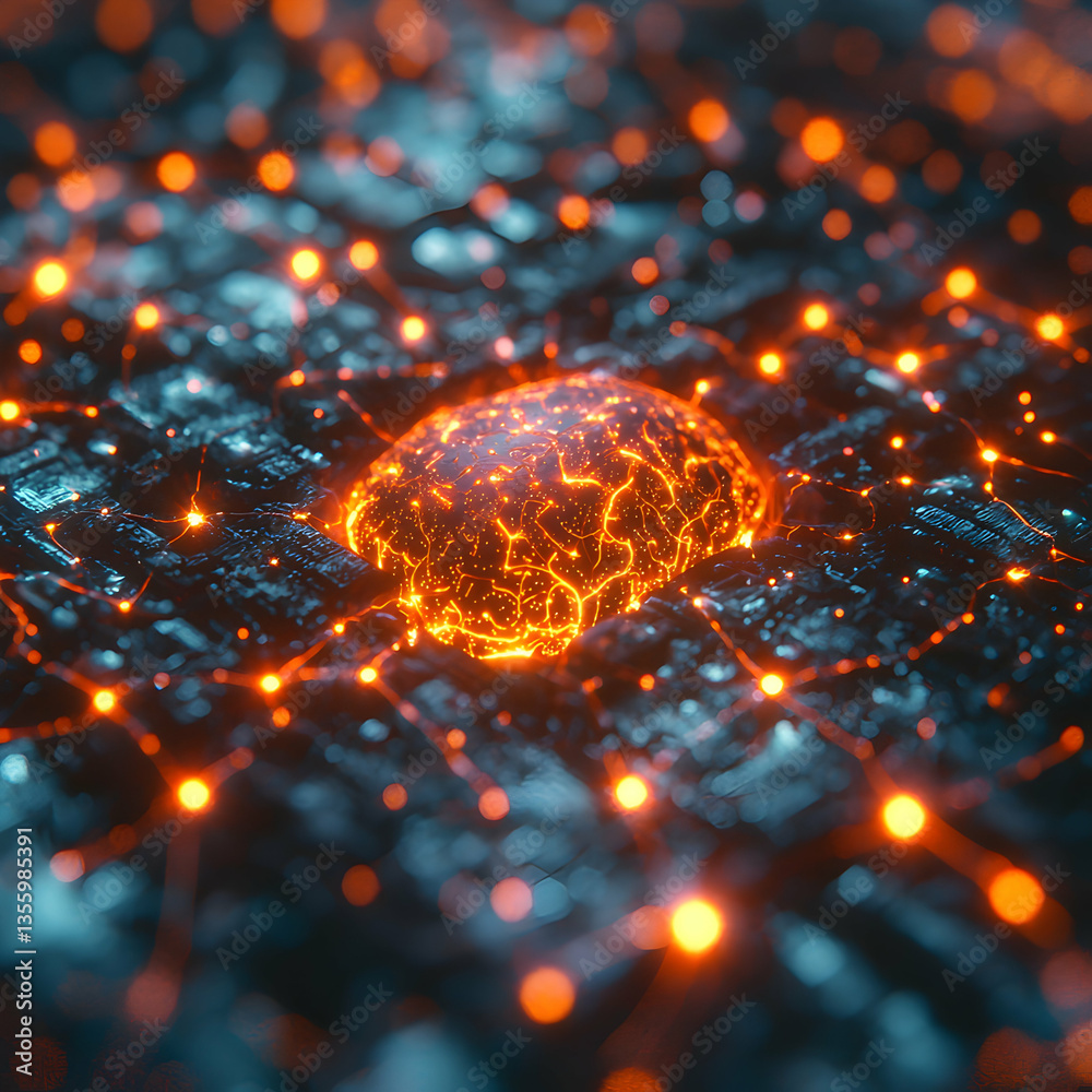 Poster a glowing brain-like structure is connected by networks. the image suggests artificial intelligence 