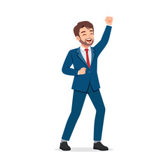 Excited Businessman Raising Arm and Clenching Fist with Cheerful Expression in Blue Suit
