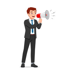 Fototapeta premium Young Businessman in Suit Announcing Through Megaphone with Smiling Expression, Promotion Illustration
