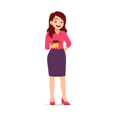 Fototapeta premium Young woman standing holding disposable cup with happy expression in full body view