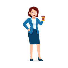 Businesswoman Holding Coffee Cup and Smiling While Standing Confidently in a Meeting