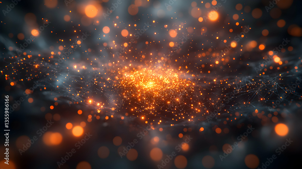 Poster abstract image of glowing particles and interconnected lines evoking data or cosmic energy. perfect 
