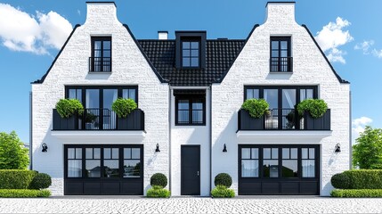 Modern White Brick Duplex House Exterior with Black Accents