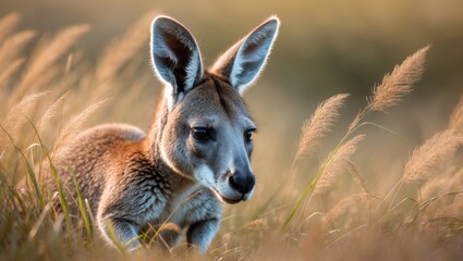 Fototapeta premium A close-up view of a kangaroo moving stealthily through the tall grass.