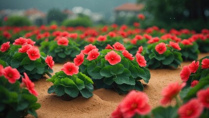 Fototapeta premium A field of bright red begonias flourishing under the radiant sunlight.