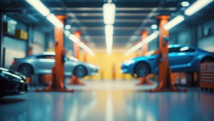 Abstract blur car garage automobile interior. Blurred mechanic service center auto repair workshop, softly defocused. Blurry car care station backdrop.
