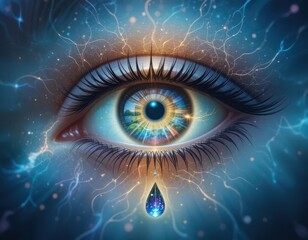 Fototapeta premium Mystical Eye with Colorful Landscape Reflection and Sparkling Tear Digital Art