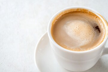 Steaming hot Turkish coffee with a thick foam layer, beautifully presented in a simple, modern white cup