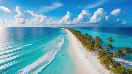 Obraz premium Aerial perspective of a stunning beach featuring white sand and palm trees. Turquoise waters and a blue sky. Summer getaway at the all-inclusive resort and hotel.