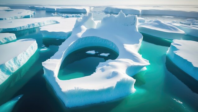 Aerial perspective of icebergs on the ocean. Glaciers are melting at the northern circle of the world. Climate change in the near future.
