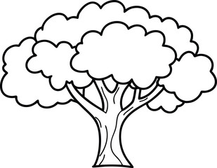 Cartoon tree outline coloring book page, Tree line art vector drawing illustration