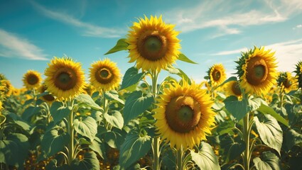 Obraz premium agricultural business. sunflower oil production. sunflower harvest. sunflower field. farming and agronomy. sunflower promotion. yellow field. young harvest. sunflowers wallpaper. large field. summer