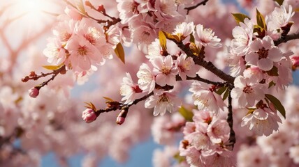Obraz premium Pink cherry blossom flowers on a sunny day. Beautiful spring scene with blooming sakura on a branch. Japanese cherry trees in full bloom