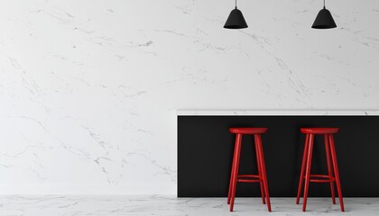 Naklejka premium Modern minimalist kitchen featuring glossy black cabinets, white marble backsplash, and striking red barstools under elegant pendant lights