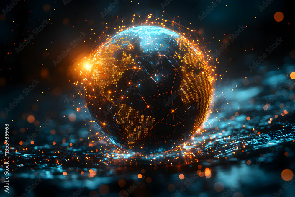 Poster a digital globe illuminated by interconnected networks suggesting global data flow and technological