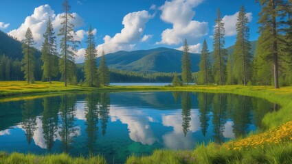Stunning landscape view of a green summer forest featuring spruce and pine trees, a lake, and a river. Adventure travel nature backdrop. Ecosystem ecology healthy environment.