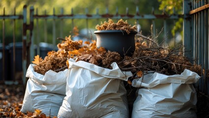 A pile of yard waste composed of leaves and branches is prepared for collection.