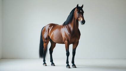 Obraz premium Bay horse standing alone against a white backdrop