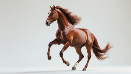 Naklejka premium Bay Horse in a galloping stride, isolated against a white backdrop.