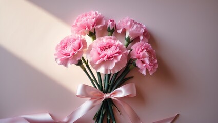Beautiful fresh pink carnation flowers arrangement with ribbon on a light pink table surface. Pastel hue. Closeup. Congratulations theme.