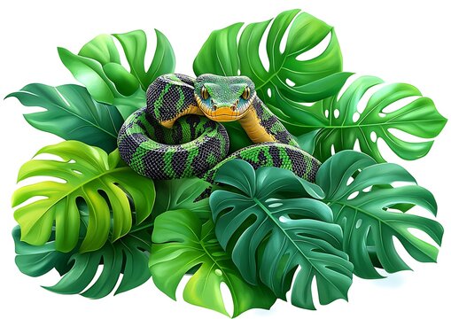 Green Snake in Tropical Leaves.