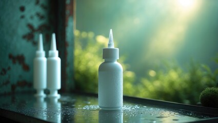 A white tube containing glue. Another glue in a plastic container on a metallic surface. A white bottle of glue and a clear area for labeling.