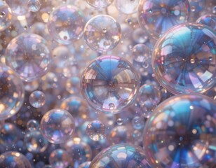 Shimmering iridescent soap bubbles floating in the air background Abstract pastel colors and dreamy atmosphere