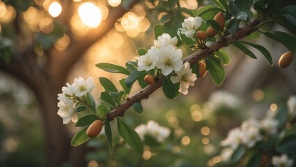 Almond tree branch with unripe almond fruit during sunset. Close-up view of almond nuts. Background.