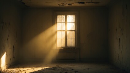 Abandoned house interior, eerie frightening window with ghostly light and shadows in a dimly lit room.