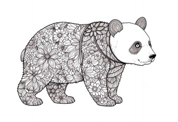 Panda Bear Walking with Floral Pattern Coloring Page for Relaxation