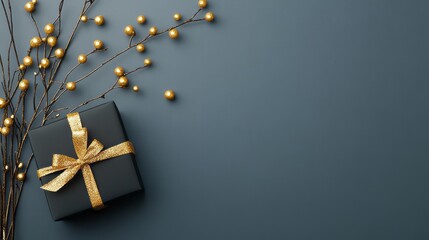 Black gift box decorated with a gold ribbon and berries