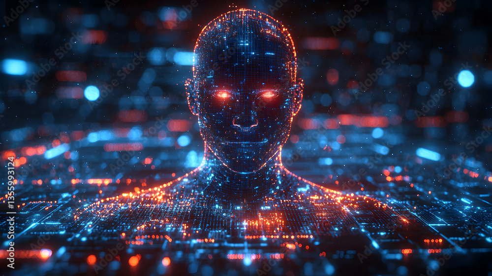 Poster a digital human emerges from data networks. it is a captivating image to visualize ai or futuristic 