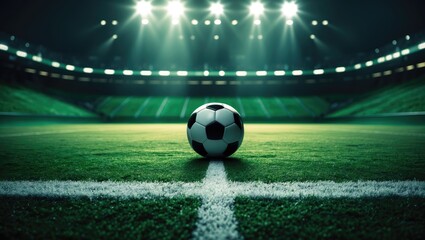 ball on the green field in stadium. poised for action in the midfield