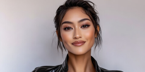 Beauty portrait of a smiling woman with sleek hair and a stylish leather jacket in a neutral setting
