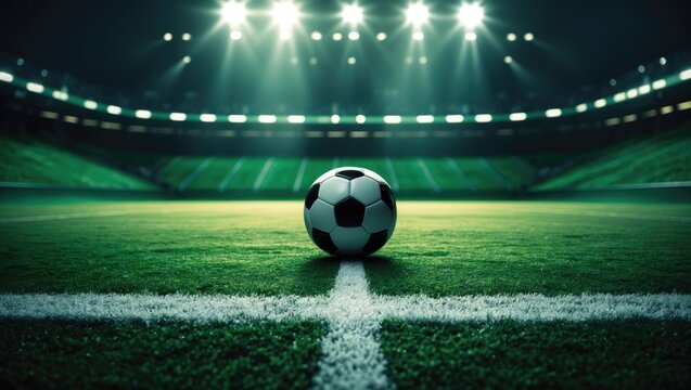 ball on the green field in stadium. poised for action in the midfield