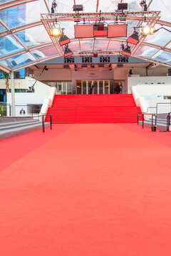 Red carpet stairway at Palais des Festivals (Palace of Festivals and Congresses of Cannes) during 76th Annual International Film Festival de Cannes, France