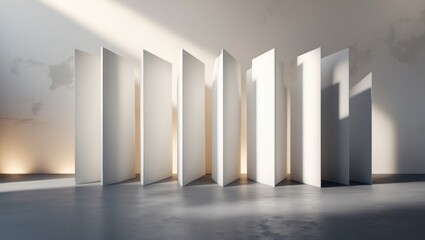 Abstract grey and white background featuring a contrasting perspective with stripes, light, shadow, and space for text.