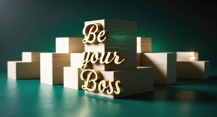 Message of "Be your own boss" displayed on a wooden block against a backdrop. Symbolic representation of being your own boss. Space for text.