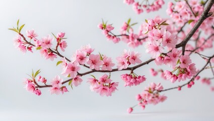 Branch of the blooming cherry blossom with pink flowers set against a white background.
