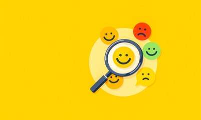 User feedback analysis concept customer review evaluation product rating satisfaction research opinion assessment quality check emoji emotions magnifying glass. business marketing