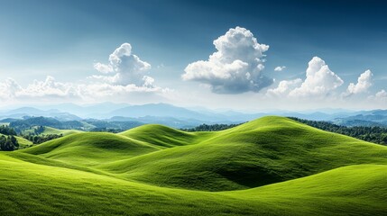 Fototapeta premium Serene Rolling Green Hills Under a Partly Cloudy Sky