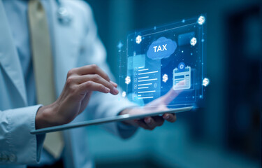 Business professional using tablet with holographic tax interface, digital finance display, modern technology, futuristic dashboard, financial management, virtual data, blue hologram