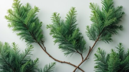 Naklejka premium Branch of green thuja set against a white backdrop.