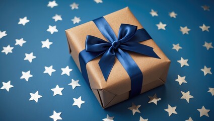 Blue theme gift box present with classic blue ribbon and star-shaped confetti, holiday, xmas, christmas. Shopping, sale banner, flyer, coupon concept.
