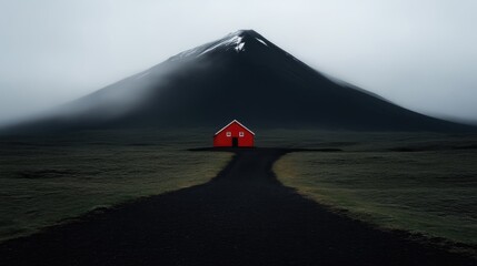 Fototapeta premium Lonely Red Cabin, Misty Mountain