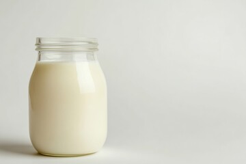 A glass bottle filled with milk sits on a white background, showcasing its creamy texture.