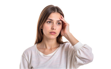 Fototapeta premium Young woman with long brown hair wearing white casual blouse touching head with hand looking thoughtful trying to remember something isolated on white background