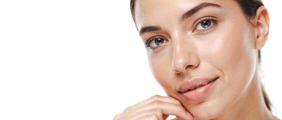 Closeup portrait smiling woman, natural beauty, fresh skin, healthy glow, skincare routine, soft lips, radiant complexion, young model, facial care, wellness, self-care, spa treatment, elegance