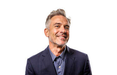 Portrait of happy mature man with gray hair, confident smile, stylish suit, looking cheerful, positive expression, professional appearance, businessman, isolated on white background